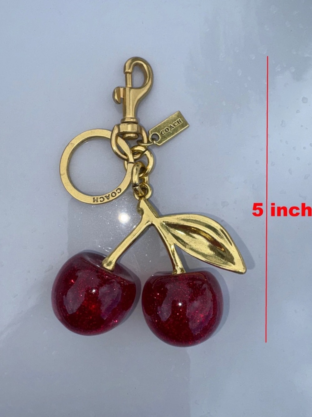 COACH Gold Cherry Keychain with Glitter Red Cherries - Picture 8 of 10